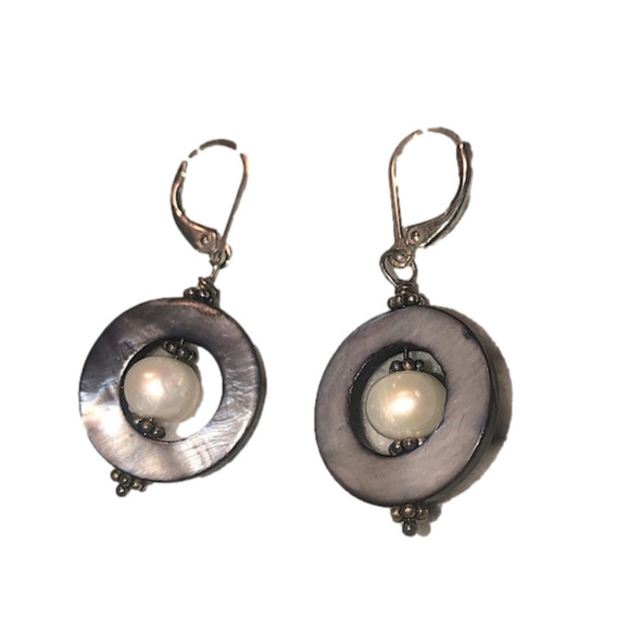 𝅺vtg Sterling Abalone & Pearl Dangle Earrings 1.6” - Picture 1 of 6